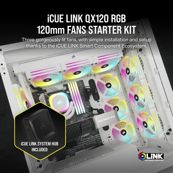 Corsair iCUE Link QX120 RGB White 120mm PWM Cabinet Fan Starter Kit with iCUE Link System Hub (Triple Pack)